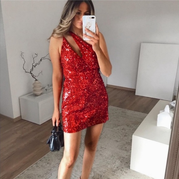 Zara Red Asymmetrical Sequin Dress Size Small - Picture 13 of 13